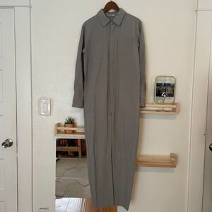Mable Grey Utility Long Sleeve Jumpsuit Canvas Coveralls Raw Hem S/M